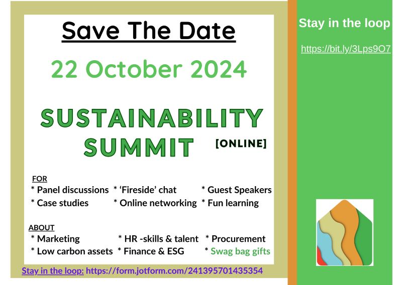 Save the date infographic for Sustainability Summit for SMEs on Tuesday, 22 October 2024.